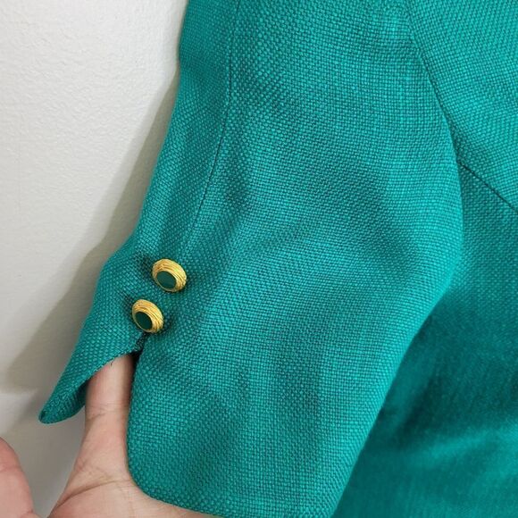 VINTAGE 80s dress teal short sleeve woven  secretary with gold buttons S‎ - Picture 4 of 11